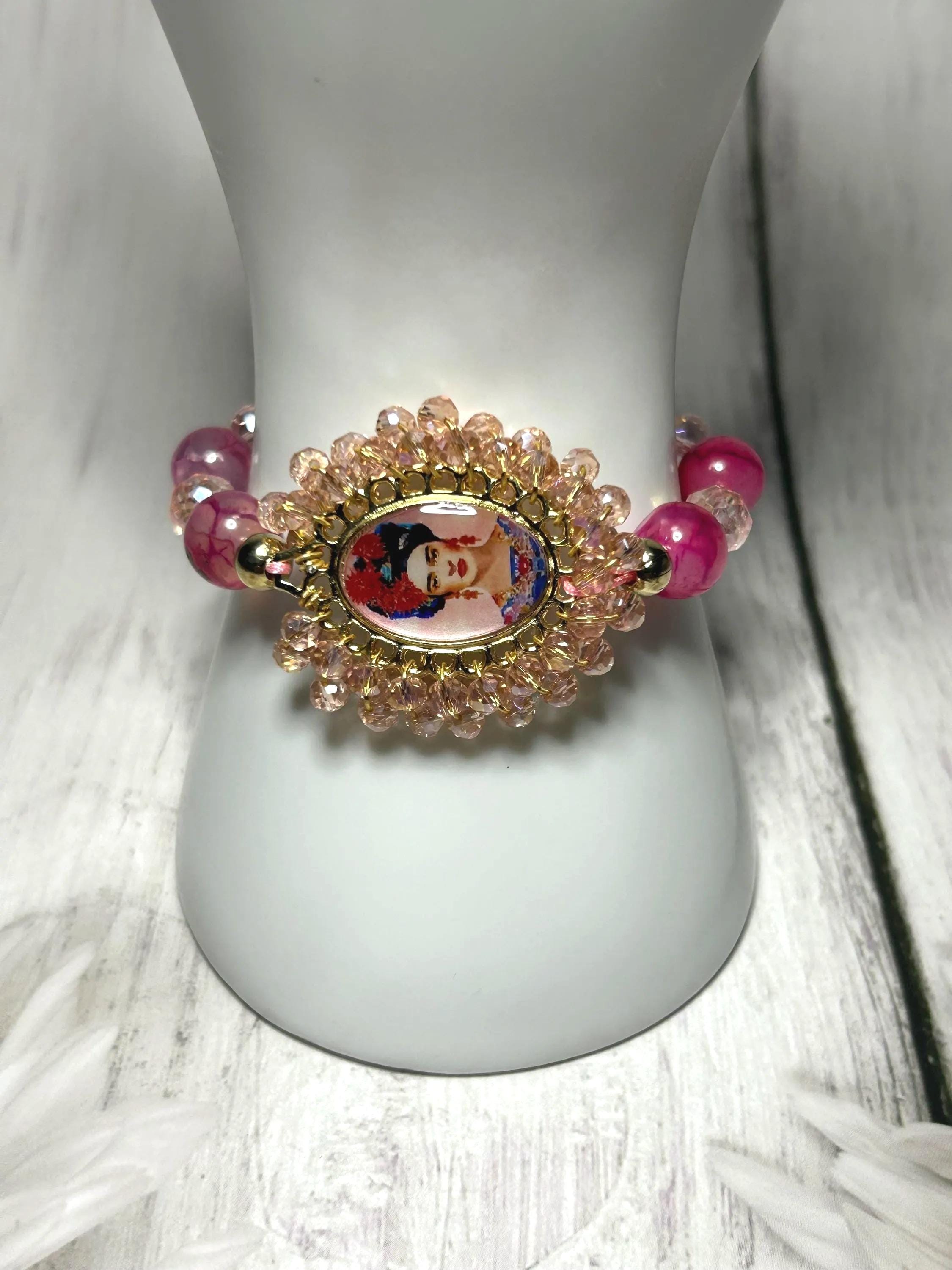Frida Kahlo Gemstone Bracelet: Handmade Adjustable Thread, Gold