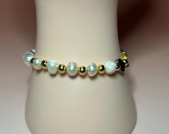 Handmade Pearl Bracelet: Gold Plated Cross & Heart Charms