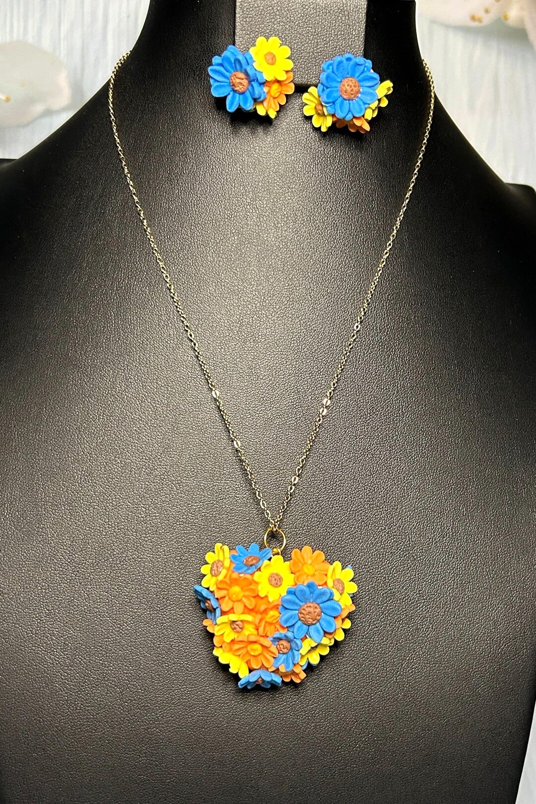 Floral Cold Porcelain Jewelry Set: Heart Necklace and Earrings - Etsy