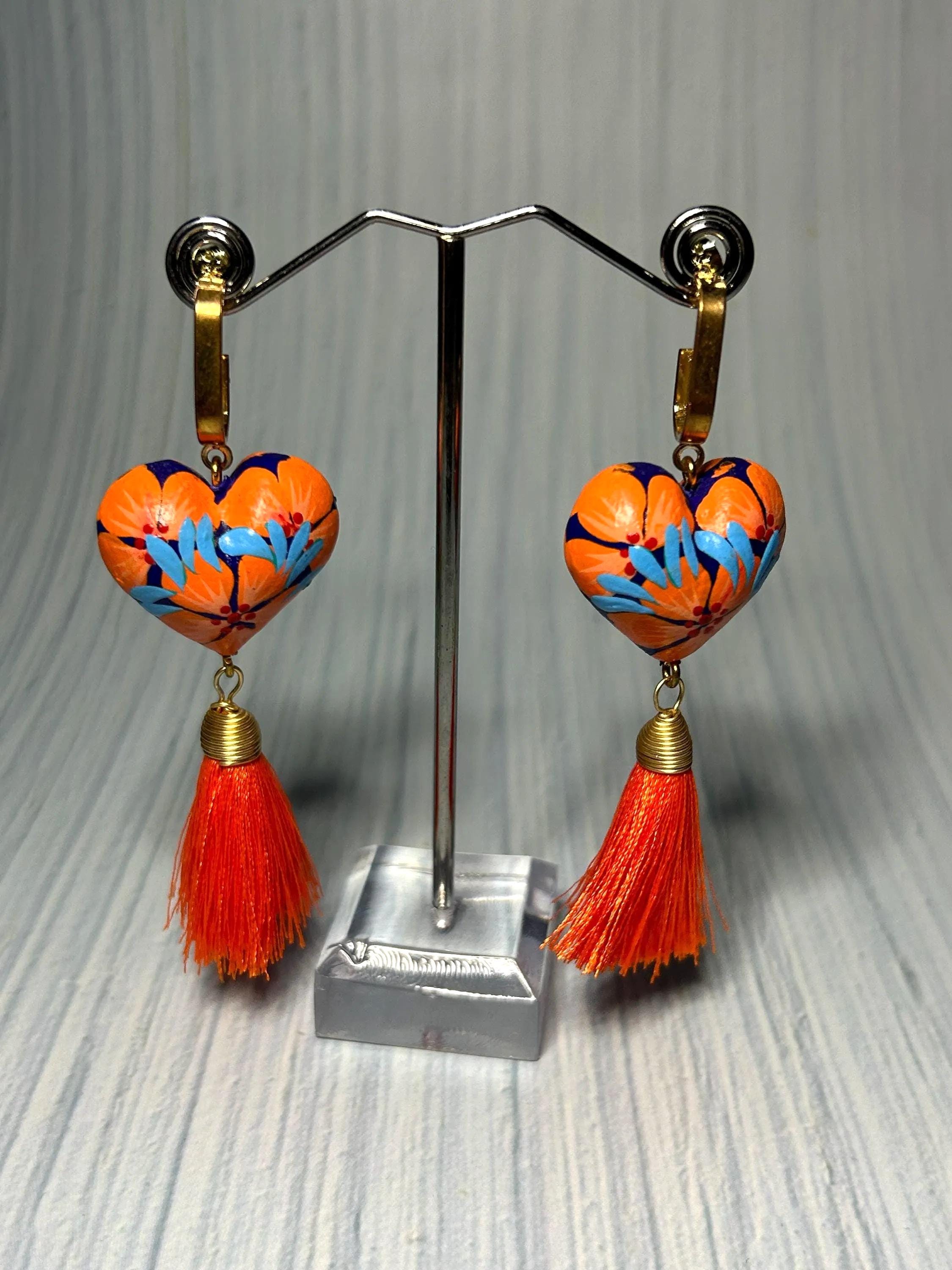 Handmade Heart Wood Earrings: Mexican Painted Tassel Jewelry - Etsy