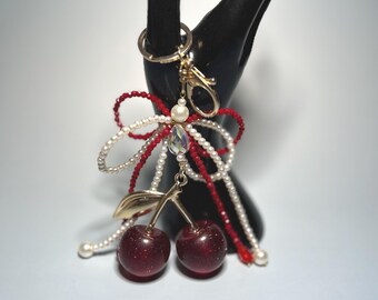 Handmade Cherry Keychain: Artisan Beaded Purse Charm