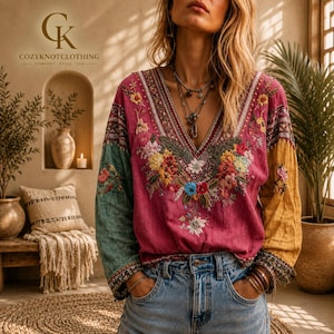 Damblus med blommig broderi i linne, vintage-stil, v-ringad, långärmad, avslappnad bondtopp