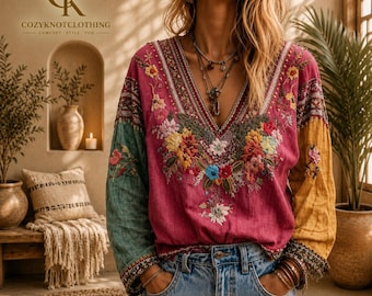 Women's Boho Floral printed Linen Blouse Vintage V Neck Long Sleeve Casual Peasant Top