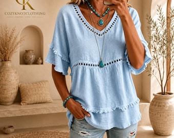 Boho-Bluse für Damen mit V-Ausschnitt, Rüschenärmeln und lockerem Schnitt – lässiges Sommer-Tunika-Top