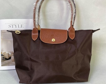 Longchamp Brown Nylon Tote Bag Large, Lightweight Foldable Leather Trim Everyday Carry Bag