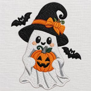 May include: An embroidered design featuring a white ghost wearing a black witch hat with an orange bow and a small pumpkin accent. The ghost holds a carved orange jack-o'-lantern pumpkin, flanked by two black bats on a white fabric background.