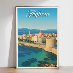 May include: A framed art print featuring the Italian city of Alghero. The artwork depicts a coastal scene with buildings, a tower, and a dome under a blue sky. The word "Alghero" is written in cursive at the top of the print.