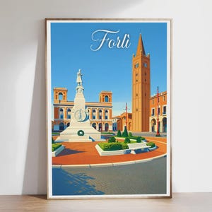 Op de afbeelding: Een ingelijste kunstdruk met een gestileerde illustratie van Forlì, Italië. Het kunstwerk toont een monument, gebouwen en een hoge klokkentoren onder een heldere blauwe lucht. Het woord "Forlì" staat in cursief bovenaan.