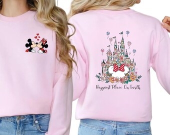 Disney Happiest Place On Earth Shirt, Mickey Minnie Valentine Kiss Castle Sweatshirt, Disney Lovers Sweater, Disney Valentine's Day Sweater