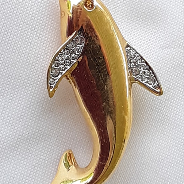 Dolphin pave D'ORLAN 1980s Vintage Pin large bright GOLD porpoisebrooch