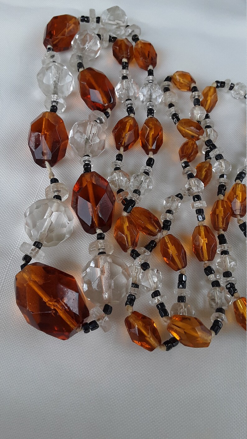 1920s Flapper Antique glass beads. DECO Amber Topaz crystal necklace image 1