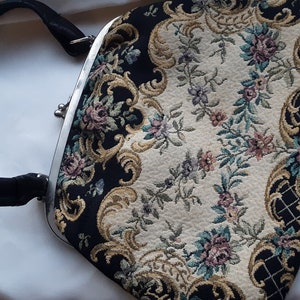 1950s Antique TAPESTRY PURSE, floral black, fabric lined 8x6&quot; size