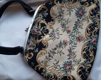 1950s Antique TAPESTRY PURSE, floral black, fabric lined