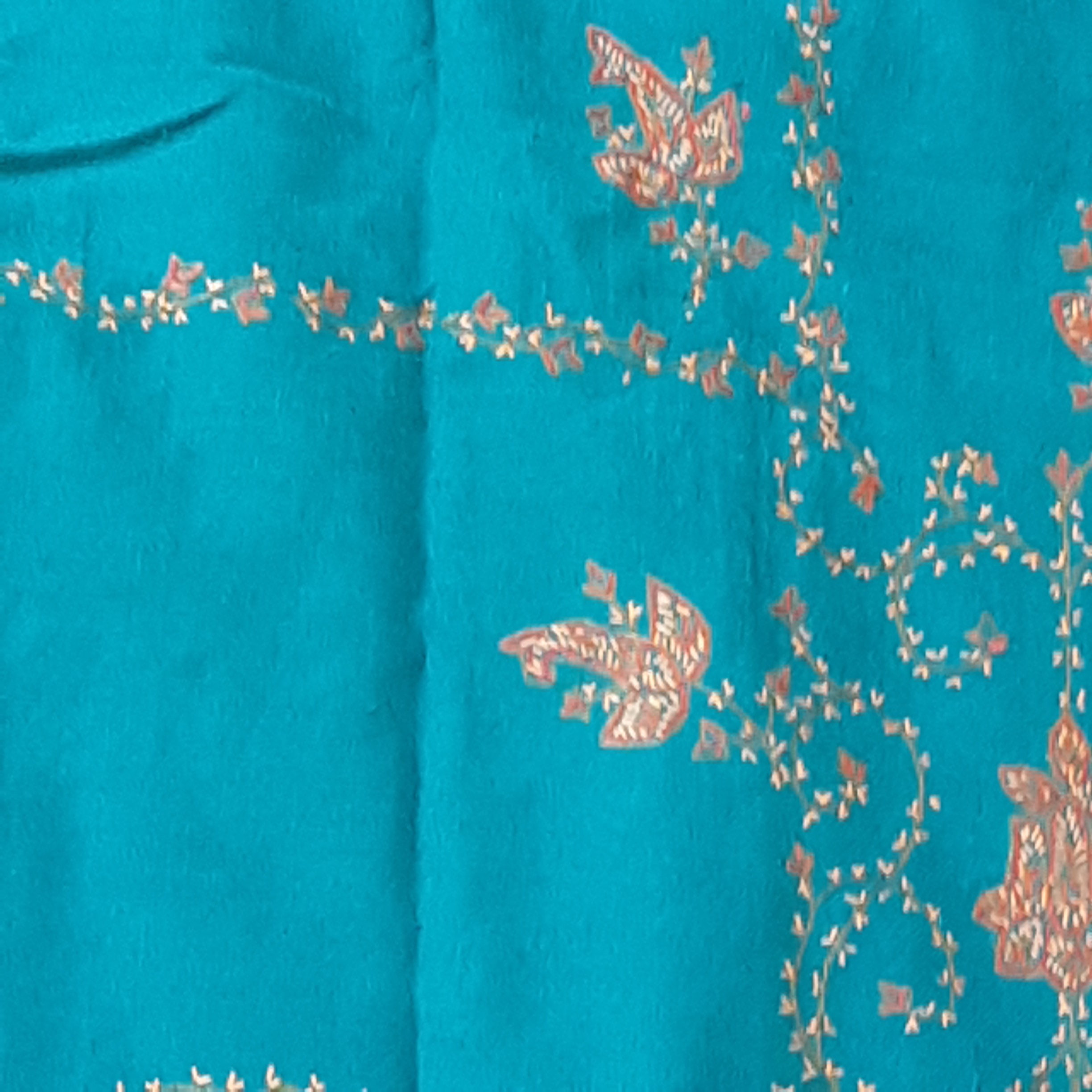 Vintage Embroidered Pashmina Shawl: Teal & Russet, 40"x75"