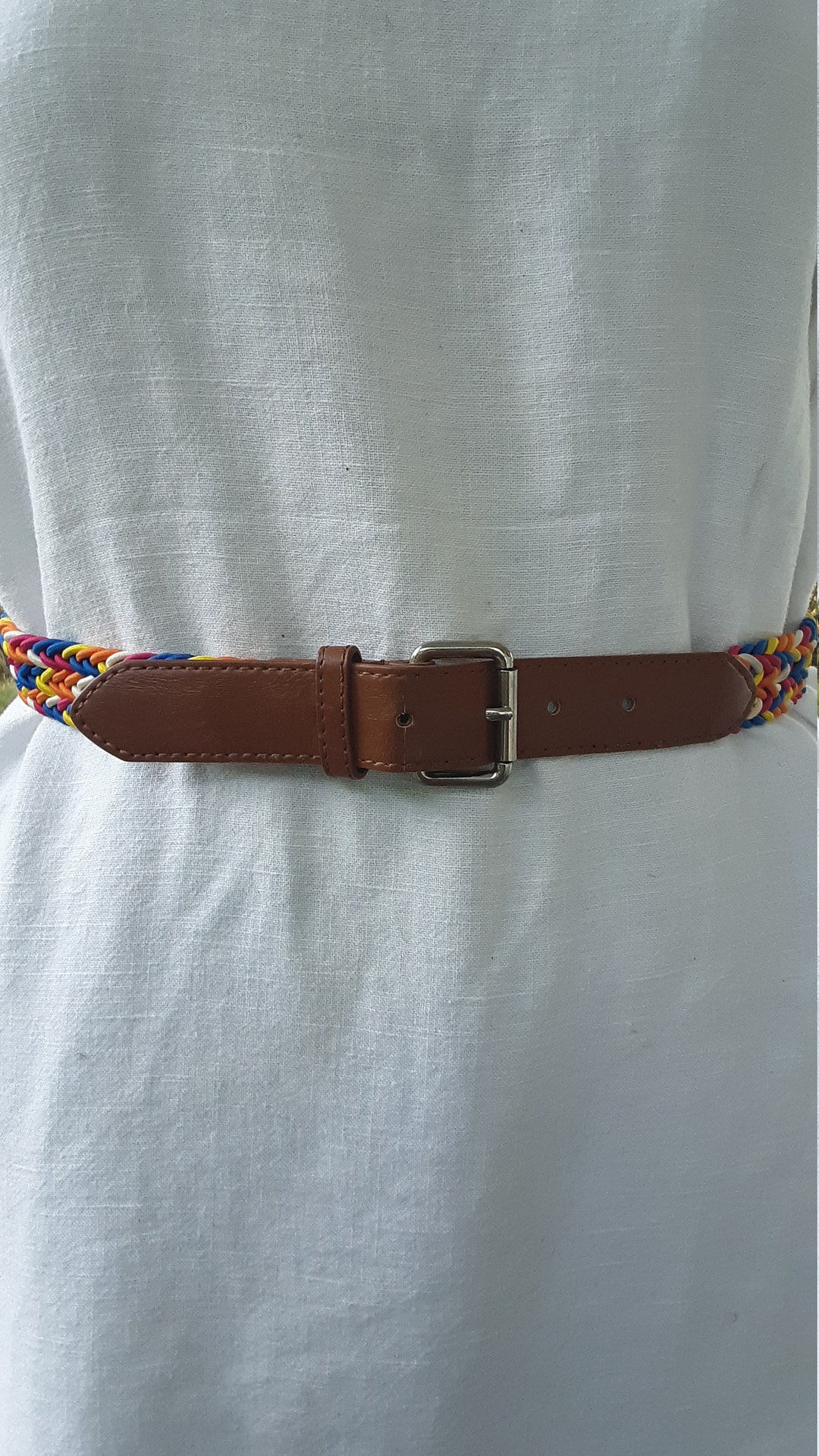 Vintage Rainbow Woven Braid Belt: Brown Leather Ends, Silver  display picture 3