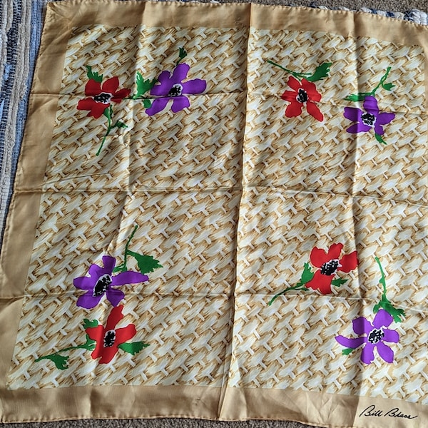 VintageBill Blass signed SILK SCARF//large square Scarf//basket weave & flowers 33"