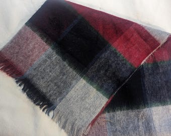 1980sScottish 100% CASHMERE scarf woven long 12x45&quot;//Scotland Tartan weaving MAROON,gray,
