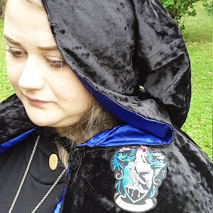 Wizard inspired Adult, blue house color, Cape, hooded Cosplay, costume ,short length velvet & satin/SAME DAY SHIPPING Available,Raven Claw