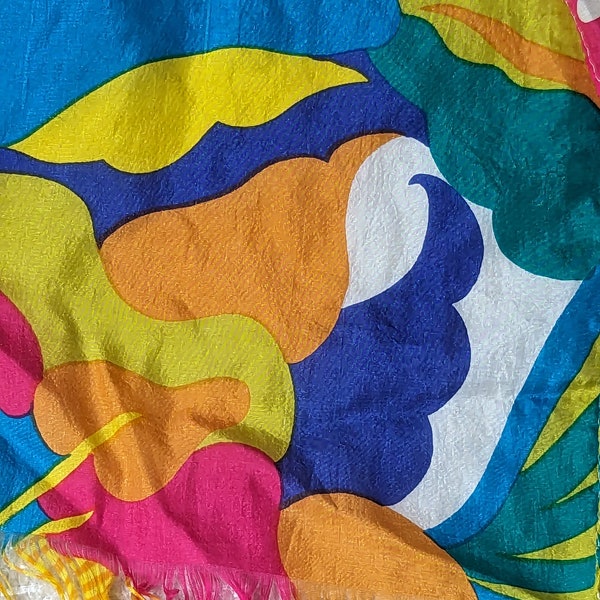 Vintage 60s GROOVY silk long scarf// colorful mod print//72" long fringe ends,rolled edges