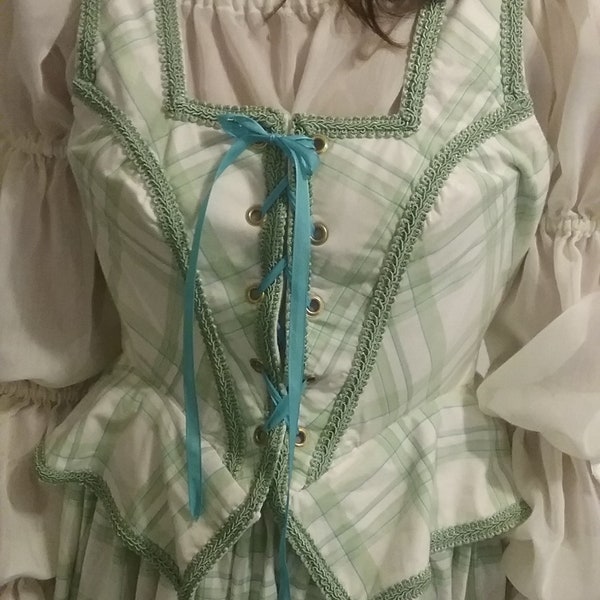 Scottish Scotland, Renaissance women's outfit 2pcs  incl laced front corset,skirt, COSPLAY COSTUME  mint green white cotton SIZE 9/10