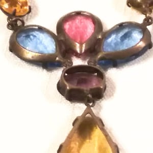 Edwardian Paste Glass Necklace: Antique Multi-Gem Brass Chain, 16&quot;