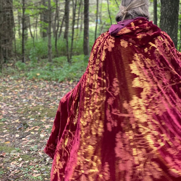 Wedding CAPE,, Red Riding Hood, BURNISHED Maroon velvet, w/Gold, Tree of Life, Elven, Fairy, festival, Costume or everyday// Fully Lined