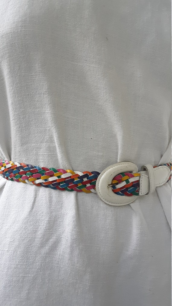 RAINBOW 90s woven leather//Vintage white ends lea… - image 1