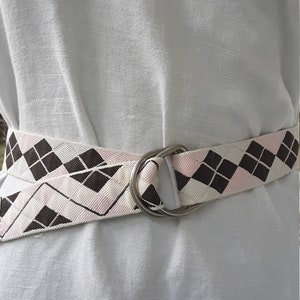 Algodão xadrez Argyle dos anos 90 // CINTO de tecido vintage // rosa, marrom, creme // 1,5&quot; de largura com fivela de latão // unissex 30-35&quot;