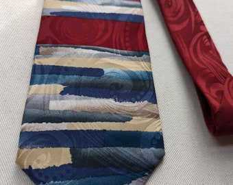 L'Tanna Silk tie//Vintage Men's necktie//business deco print SILK tie//maroon, blue & tan print