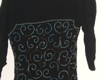Vintage 30's DRESS black CREPE beaded evening peplum ANTIQUE art deco 9/10