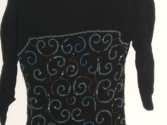 Vintage 30's DRESS black CREPE beaded evening pepl