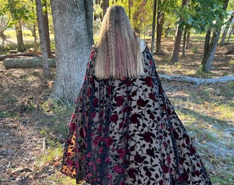 Burnished Velvet Hooded Cape: Red & Black Rose Elven Cloak