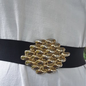 80s wide STRETCH Vintage Black BELT, wide w/Mod Goldplate buckle, 32-38&quot;&quot;