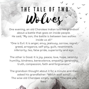 Può includere: Un poster con il testo "The Tale of Two Wolves" e una citazione sulla battaglia tra il bene e il male dentro di noi. Presenta sagome di un lupo bianco e nero, montagne e una luna piena.