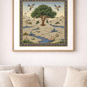 May include: A framed landscape art print featuring a large tree with green foliage, set against a backdrop of rolling hills and a blue sky. Two birds are in flight. The artwork is bordered by a decorative frame.