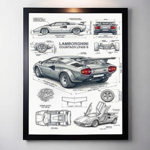 May include: A framed print featuring a detailed blueprint of a Lamborghini Countach LP400 S. The illustration includes side, front, and top views, along with engine and wheel diagrams. The car is silver with red taillights, and the text "LAMBORGHINI COUNTACH LP400 S" is visible.