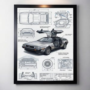 Op de afbeelding: Ingelijste print van een DeLorean DMC-12 sportcoupé, een zilverkleurige auto met vleugeldeuren. De print bevat technische blauwdrukken en diagrammen, met de tekst "Technical Blueprint" en "DMC-12 Sports Coupe".
