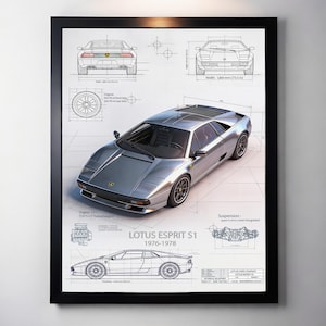 May include: A framed print showcasing a silver Lotus Esprit S1, accompanied by technical blueprints. The print includes various views and diagrams, such as the engine and suspension. The text "LOTUS ESPRIT S1 1976-1978" is displayed. Width 1,861 mm (73.3 in).