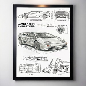 Op de afbeelding: Ingelijste print van een Lamborghini Diablo SV (1995) met technische tekeningen. De print bevat zij-, voor- en bovenaanzichten, plus motorspecificaties en afmetingen. Totale lengte 4470 mm.