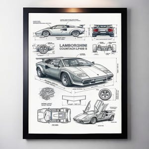 May include: A framed print showing a detailed blueprint of a Lamborghini Countach LP400 S. The design includes multiple views, dimensions, and technical specifications. The car is silver with black accents, set against a white background.