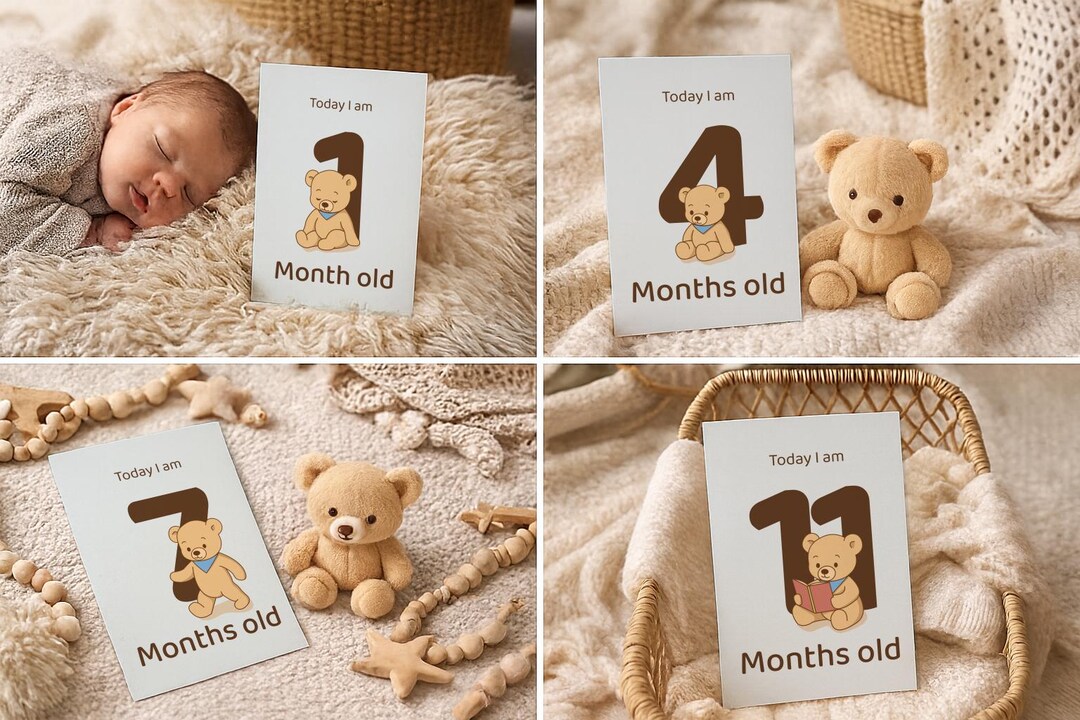 Baby Boy Monthly Milestone Cards • Blue Bandana Teddy • 1–12 Months ...