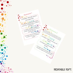 May include: Two white cards with text and colorful dot accents. The cards list outcomes for children, including feeling safe, developing autonomy, and responding to diversity. The phrase "PRINTABLE PDF'S" is at the bottom.