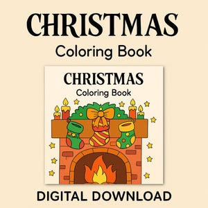 Könnte beinhalten: Ein Weihnachts-Malbuch-Cover mit einer Kaminszene, Strümpfen, Kerzen und Sternen. Der Text "CHRISTMAS Coloring Book" wird über der Illustration angezeigt, mit "DIGITAL DOWNLOAD" unten.