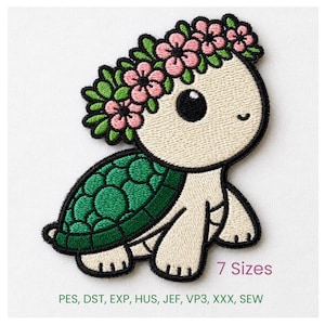 Diseño de bordado de tortuga kawaii con corona de flores / 7 tamaños (archivo digital)