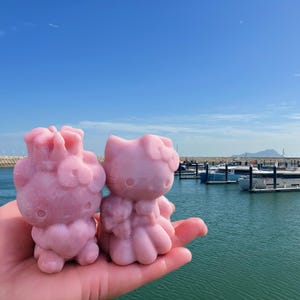 Puede incluir: Dos figuras rosas de Hello Kitty, una con forma de lazo y otra con vestido, se sostienen en una mano. Las figuras están situadas frente a un fondo de un puerto deportivo con barcos y un cielo azul claro.