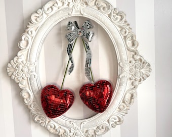 Mirrored Tiled Disco heart cherries Art for Home Office or Salon |  Fashion Lover | Gift for Makeup Artist | 3D Wall art decor | disco art