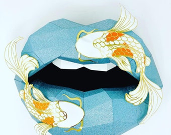 Paper Lips Koi Fish on aqua glitter Art for Home Office or Salon |  Fashion Lover | Gift for Makeup Artist