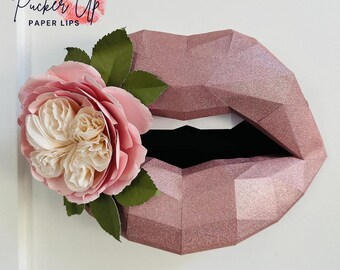 Décoration murale lèvres en papier | Rose pailletée, décor floral rose | Décoration murale d'entrée | Art élégant