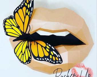 Décoration murale 3D en papier représentant des lèvres avec un papillon, pour salon de beauté