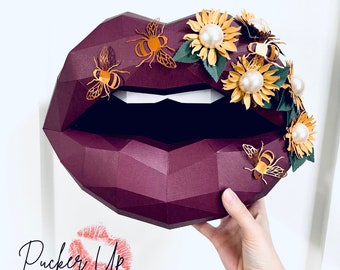 Décoration murale Lèvres en papier Merlot | Abeilles et fleurs dorées